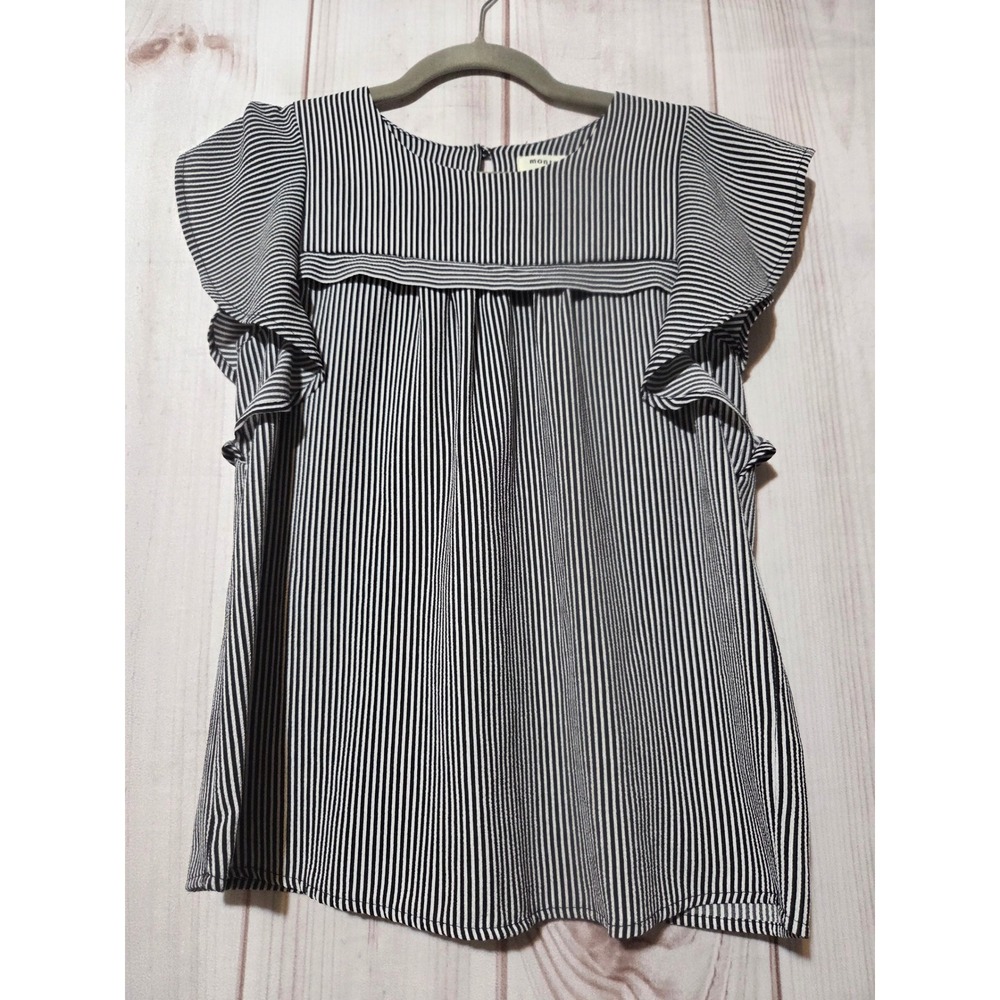 Monteau Los Angeles Womens Small Black White Striped Flutter Sleeve Blouse Top